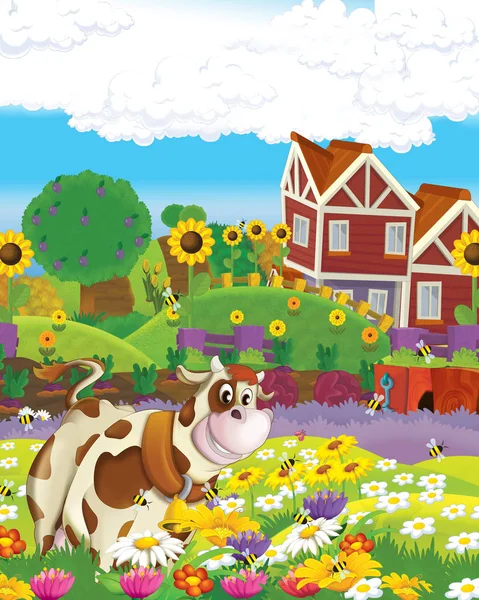 Scène de dessin animé avec vache s'amuser à la ferme sur fond blanc illustration pour les enfants — Photo