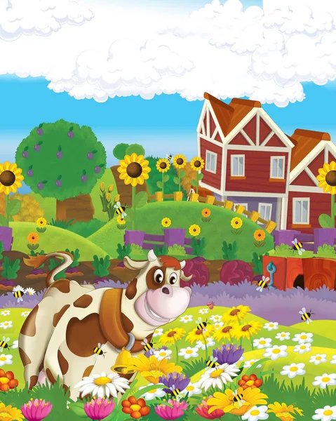 Cartoon scene with cow having fun on the farm on white background - illustration for children — Stock Photo, Image