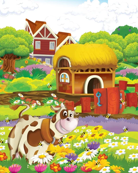 Kreslená scéna s krávou baví na farmě na bílém pozadí - ilustrace pro děti — Stock fotografie