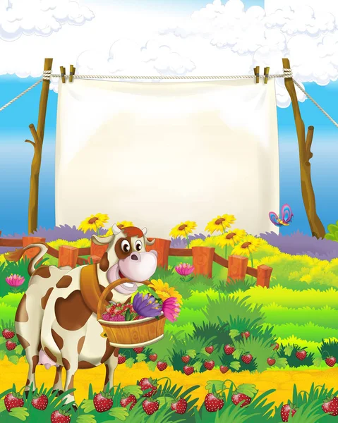 Cartoon scene with cow having fun on the farm on white background - illustration for children — Stock Photo, Image