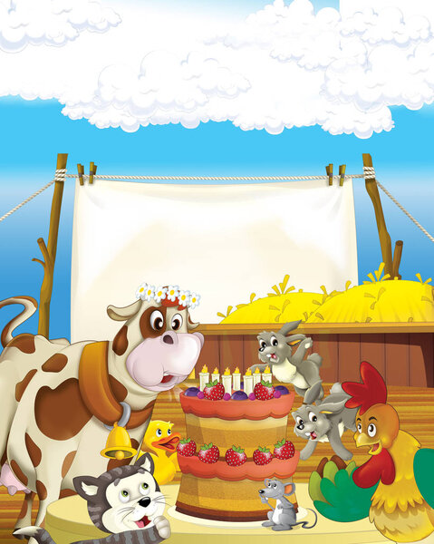 cartoon scene with cow having fun on the farm on white background - illustration for children