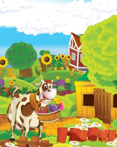 Zeichentrickszene mit Kuh, die auf dem Bauernhof auf weißem Hintergrund Spaß hat - Illustration für Kinder — Stockfoto