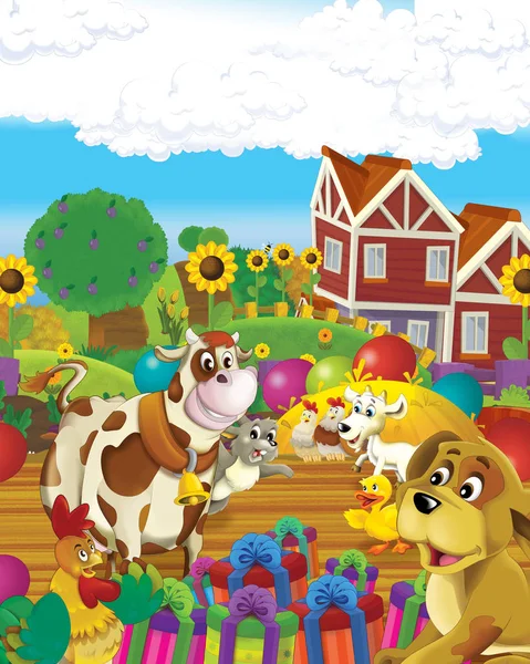 Cena dos desenhos animados com vaca se divertindo na fazenda em fundo branco - ilustração para crianças — Fotografia de Stock