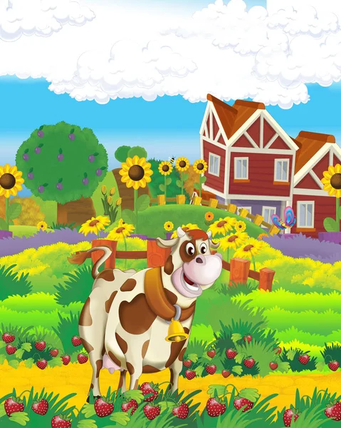 Zeichentrickszene mit Kuh, die auf dem Bauernhof auf weißem Hintergrund Spaß hat - Illustration für Kinder — Stockfoto