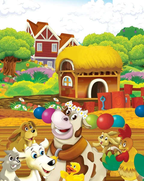 Scène de dessin animé avec vache s'amuser à la ferme sur fond blanc illustration pour les enfants — Photo