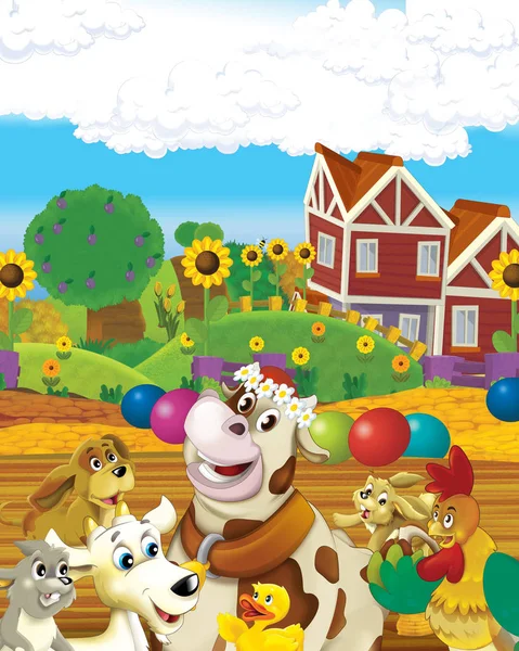Мультяшная сцена с коровами, веселящимися на белом фоне на ферме - иллюстрация для детей — стоковое фото