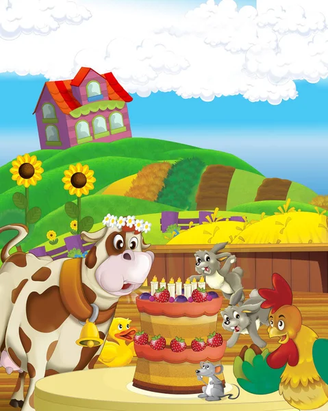 Escena de dibujos animados con vaca divirtiéndose en la granja sobre fondo blanco - ilustración para niños — Foto de Stock