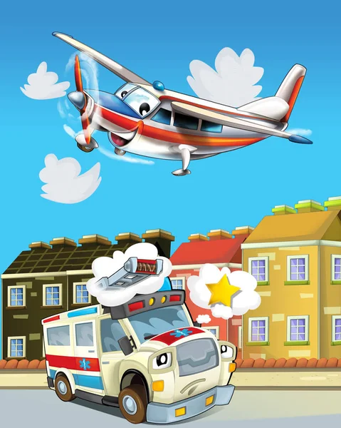 Escena de dibujos animados en la ciudad con ambulancia feliz conduciendo por la ciudad y el avión está volando - ilustración para los niños —  Fotos de Stock