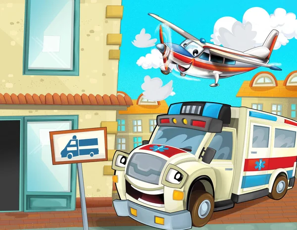 Cartoon scene in the city with happy ambulance driving through the city and plane is flying - illustration for children — Stock Photo, Image