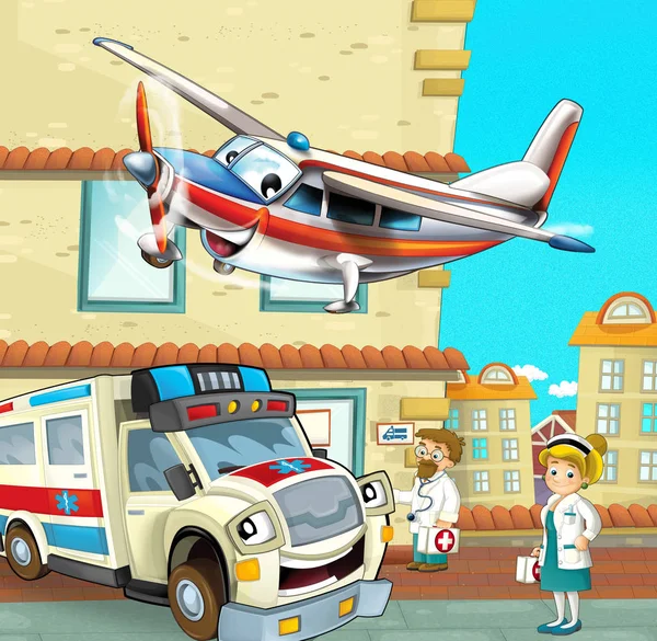 Cartoon scene in the city with happy ambulance driving through the city and plane is flying - illustration for children — Stock Photo, Image