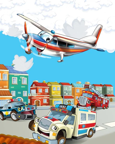 Cartoon scene in the city with happy ambulance police and fireman driving through the city and plane is flying - illustration for children — Stock Photo, Image