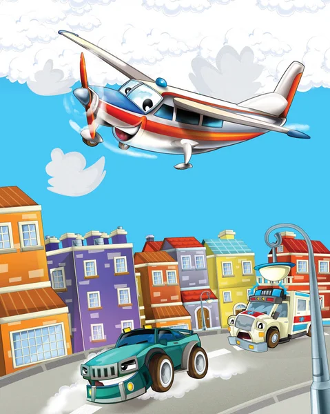 Cena dos desenhos animados na cidade com ambulância feliz dirigindo pela cidade e avião está voando ilustração para crianças — Fotografia de Stock