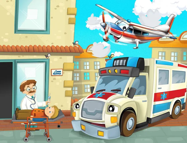 Tecknad scen i staden med glad ambulans kör genom staden och planet flyger - illustration för barn — Stockfoto