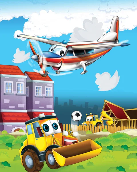 Adegan kartun dengan ekskavator penggali di lokasi konstruksi dan pesawat terbang - ilustrasi untuk anak-anak — Stok Foto