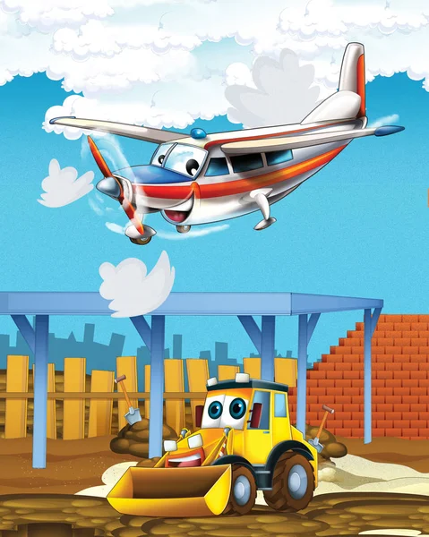Cartoon scene with digger excavator on construction site and flying plane - illustration for the children — Stock Photo, Image