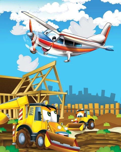 Scène de dessin animé avec excavatrice sur chantier et avion volant - illustration pour les enfants — Photo