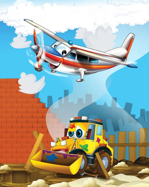 Rajzfilm jelenet ásó kotró az építési területen és repülő sík - illusztráció a gyermekek számára — Stock Fotó
