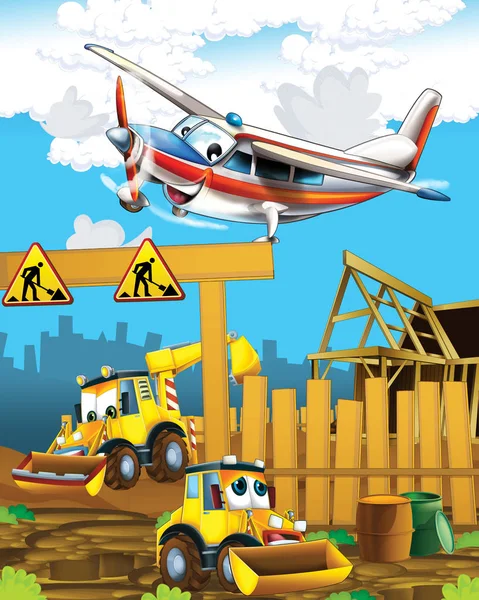 Escena de dibujos animados con excavadora en el sitio de construcción y avión volador - ilustración para los niños —  Fotos de Stock