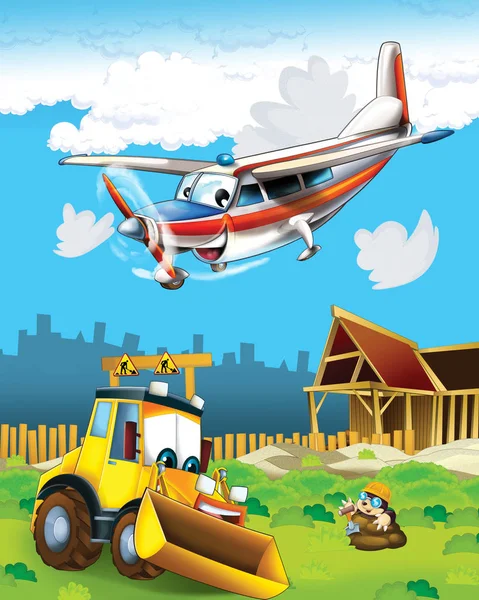 Cartoon scene with digger excavator on construction site and flying plane - illustration for the children — Stock Photo, Image