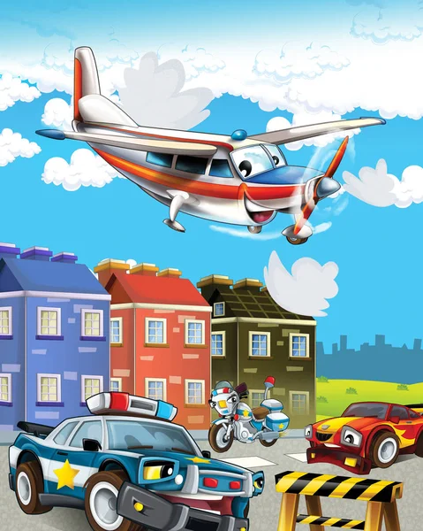 Cena dos desenhos animados com carro da polícia dirigindo pela cidade e avião de emergência voando - ilustração para crianças — Fotografia de Stock