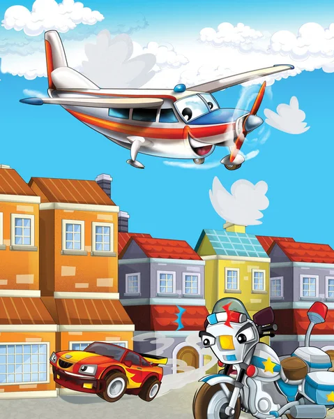 Cartoon scene with police car driving through the city and emergency plane flying - illustration for children — Stock Photo, Image