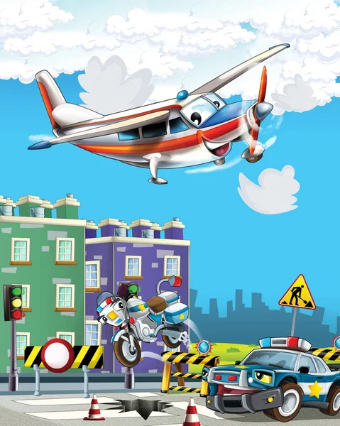 Zeichentrickszene mit Polizeiauto, das durch die Stadt fährt und Notflugzeug fliegt - Illustration für Kinder — Stockfoto