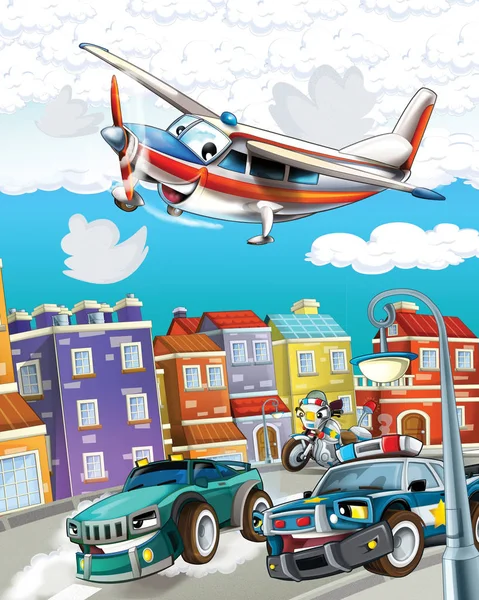 Escena de dibujos animados con coche de policía conduciendo por la ciudad y avión de emergencia volando - ilustración para los niños —  Fotos de Stock