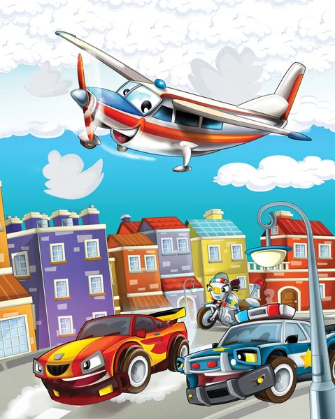 Scène de dessin animé avec voiture de police conduisant à travers la ville et avion d'urgence volant illustration pour les enfants — Photo