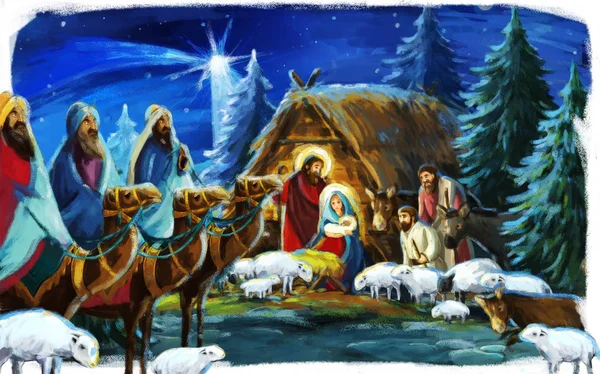Religious illustration three kings - and holy family - traditional scene - illustration for children — Stock Photo, Image