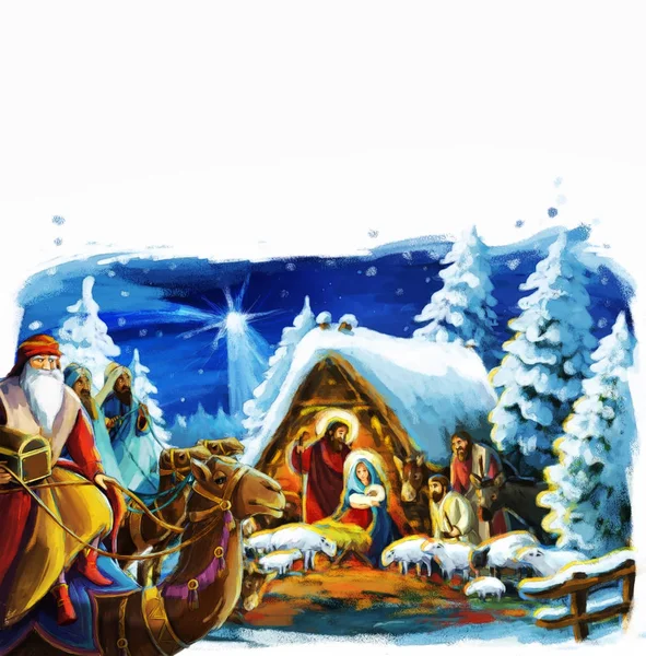 Religiöse Illustration Drei Könige - und Heilige Familie - traditionelle Szene - Illustration für Kinder — Stockfoto