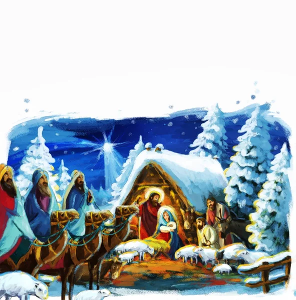 Religiöse Illustration Drei Könige - und Heilige Familie - traditionelle Szene - Illustration für Kinder — Stockfoto