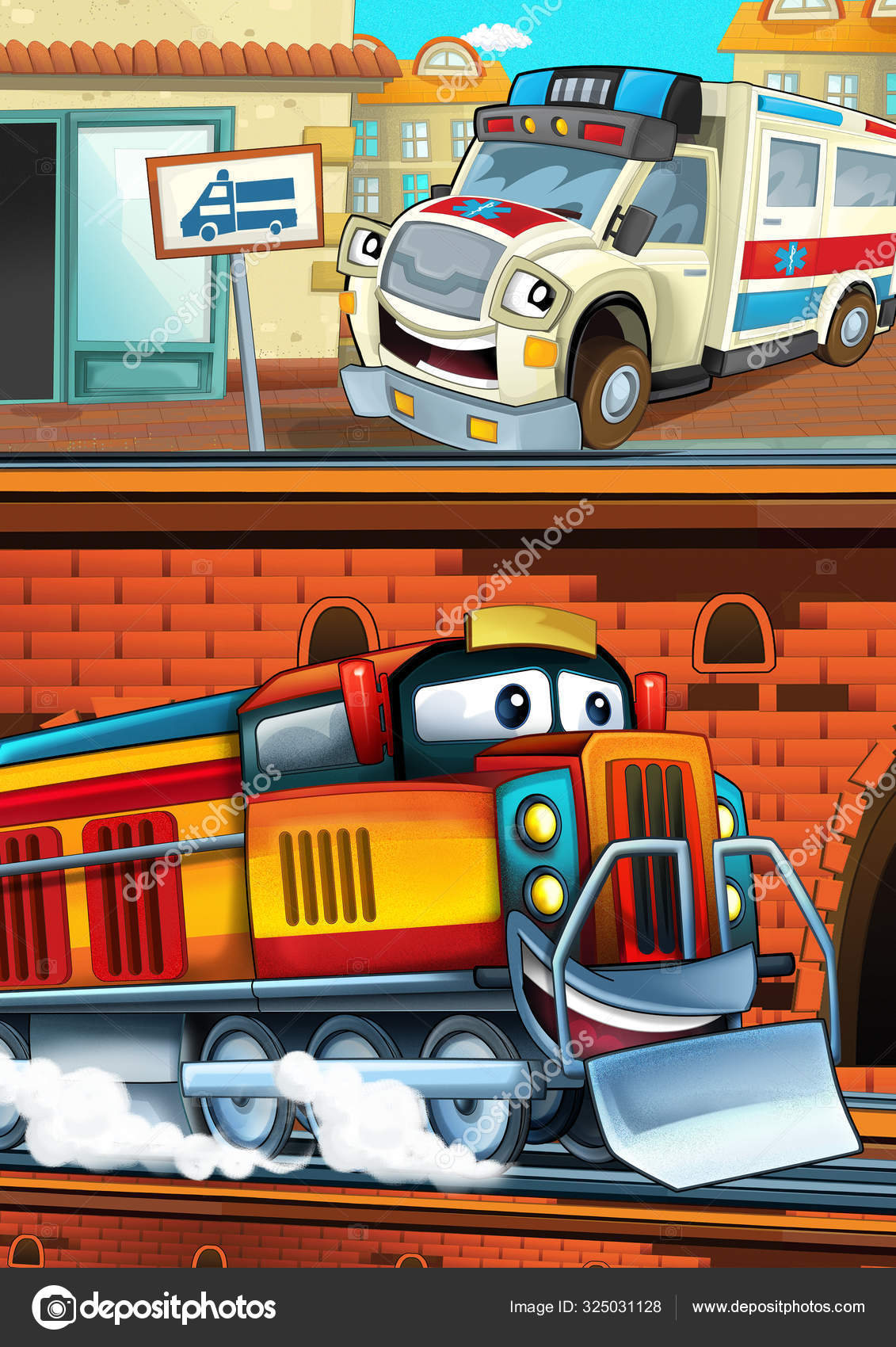 Cartoon funny looking train on the train station near the city and ambulance car driving - illustration for children Stock Photo by ©illustrator_hft 325031128 Cartoon funny looking train on the train station near the city and ambulance car driving - illustration for children Stock Photo by ©illustrator_hft 325031128