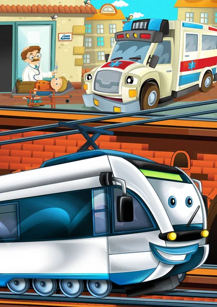 Cartone animato divertente cercando treno sulla stazione ferroviaria vicino alla città e guida di auto ambulanza - illustrazione per i bambini — Foto Stock