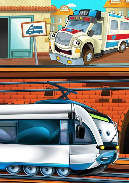 Cartoon grappig ogende trein op het station in de buurt van de stad en ambulance auto rijden - illustratie voor kinderen — Stockfoto