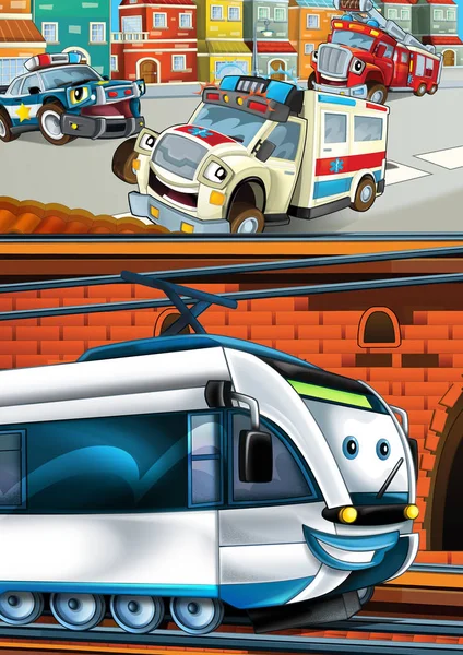 Cartoon Scéna Vlakem Kolejích Ambulance Silnici Městě Ilustrace Pro Děti — Stock fotografie