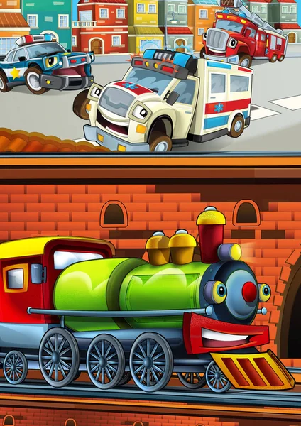 Cartoon legrační vypadající vlak na vlakovém nádraží v blízkosti města a ambulance auto jízdy - ilustrace pro děti — Stock fotografie
