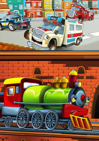 Tren de aspecto divertido de dibujos animados en la estación de tren cerca de la ciudad y la conducción de coches de ambulancia - ilustración para los niños — Foto de Stock