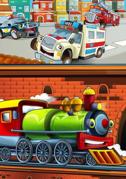 Tren de aspecto divertido de dibujos animados en la estación de tren cerca de la ciudad y la conducción de coches de ambulancia - ilustración para los niños — Foto de Stock
