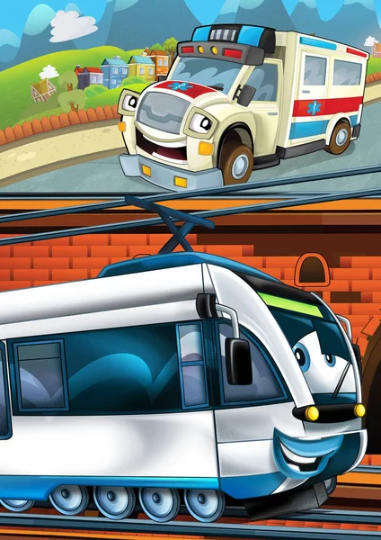 Tecknad rolig ser tåg på järnvägsstationen nära staden och ambulans bil körning - illustration för barn — Stockfoto