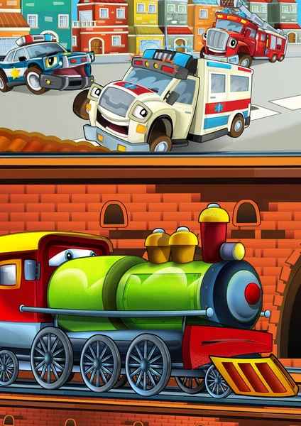 Cartoon legrační vypadající vlak na vlakovém nádraží v blízkosti města a ambulance auto jízdy - ilustrace pro děti — Stock fotografie