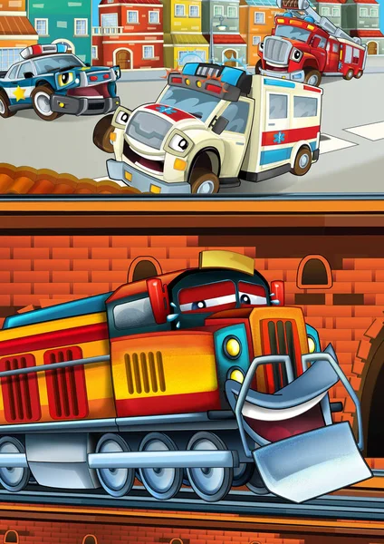 Cartoon funny looking train on the train station near the city and ambulance car driving - illustration for children — Stock Photo, Image