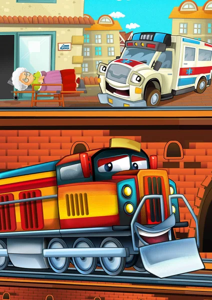 Kreskówka śmiesznie wyglądający pociąg na stacji kolejowej w pobliżu miasta i karetki jazdy samochodem - ilustracja dla dzieci — Zdjęcie stockowe