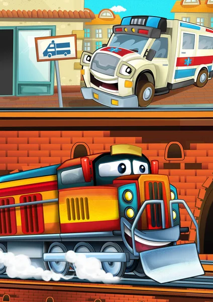 Kreskówka śmiesznie wyglądający pociąg na stacji kolejowej w pobliżu miasta i karetki jazdy samochodem - ilustracja dla dzieci — Zdjęcie stockowe