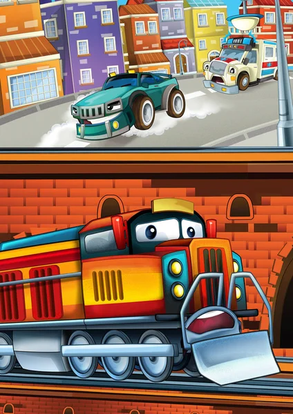 Cartoon funny looking train on the train station near the city and ambulance car driving - illustration for children — Stock Photo, Image