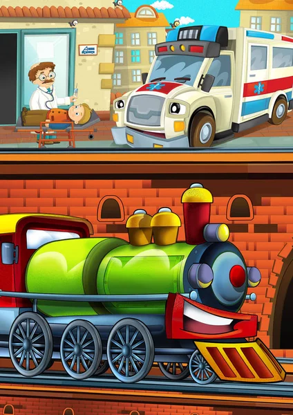 Desenhos animados engraçado olhando trem na estação de trem perto da cidade e condução de carro de ambulância - ilustração para crianças — Fotografia de Stock