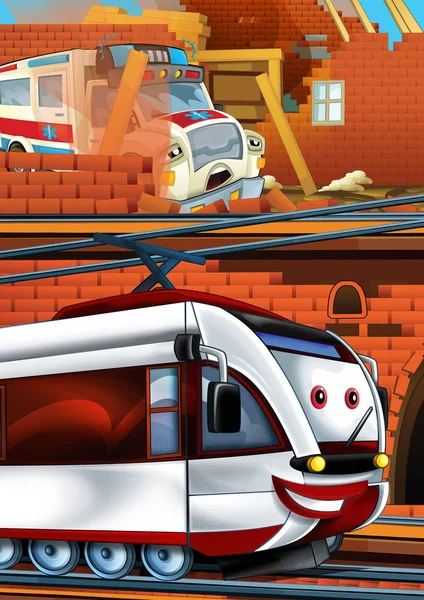 Tren de aspecto divertido de dibujos animados en la estación de tren cerca de la ciudad y la conducción de coches de ambulancia - ilustración para los niños —  Fotos de Stock