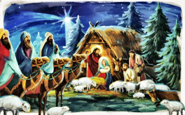 Religious illustration three kings - and holy family - tradition — Stock Photo, Image