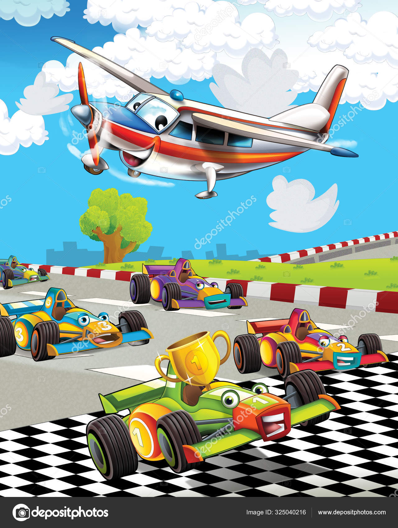 Cartoon scene with super car racing and observing plane is flying over -  illustration for children Stock Photo by ©illustrator_hft 325040216