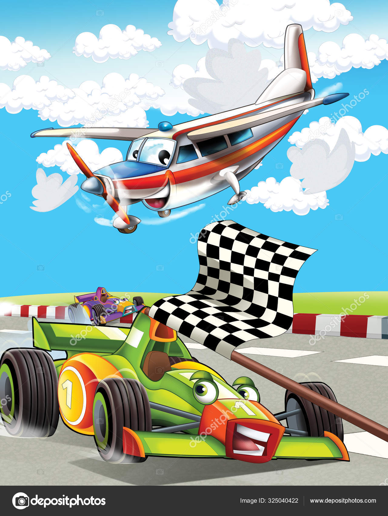 Cartoon scene with super car racing and observing plane is flying over -  illustration for children Stock Photo by ©illustrator_hft 325040422