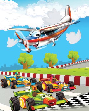 cartoon scene with super car racing and observing plane is flying over - illustration for children clipart